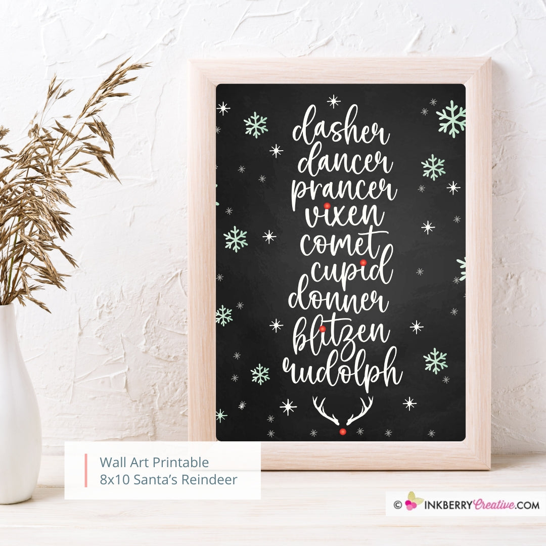 Santa's Reindeer Names Christmas 8x10 Sign (Chalkboard), JPEG, Instant Download, Digital File
