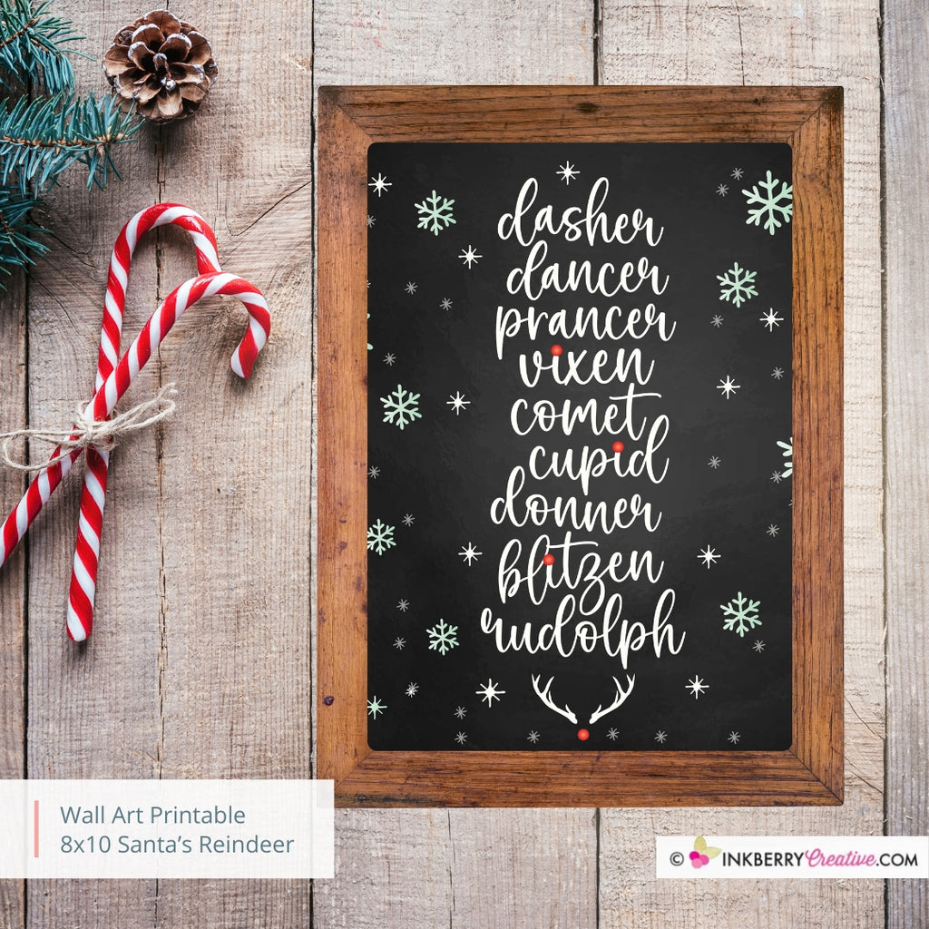 Santa's Reindeer Names Christmas 8x10 Sign (Chalkboard), JPEG, Instant Download, Digital File