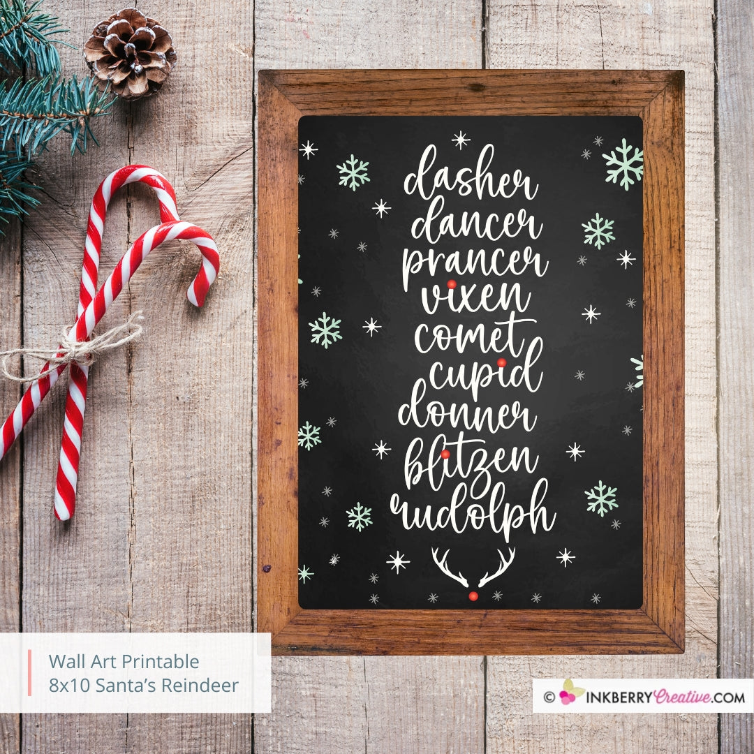 Santa's Reindeer Names Christmas 8x10 Sign (Chalkboard), JPEG, Instant Download, Digital File
