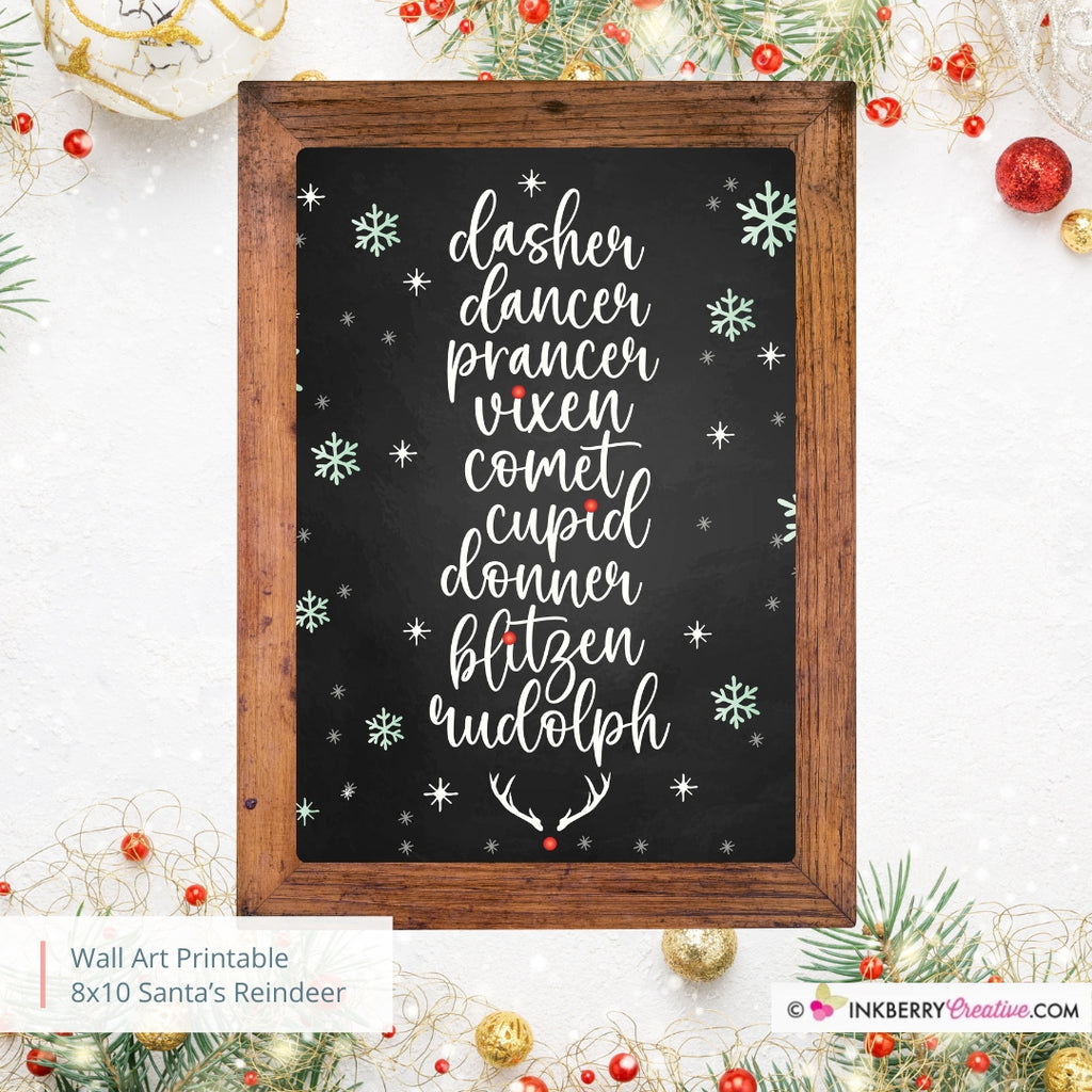 Santa's Reindeer Names Christmas 8x10 Sign (Chalkboard), JPEG, Instant Download, Digital File