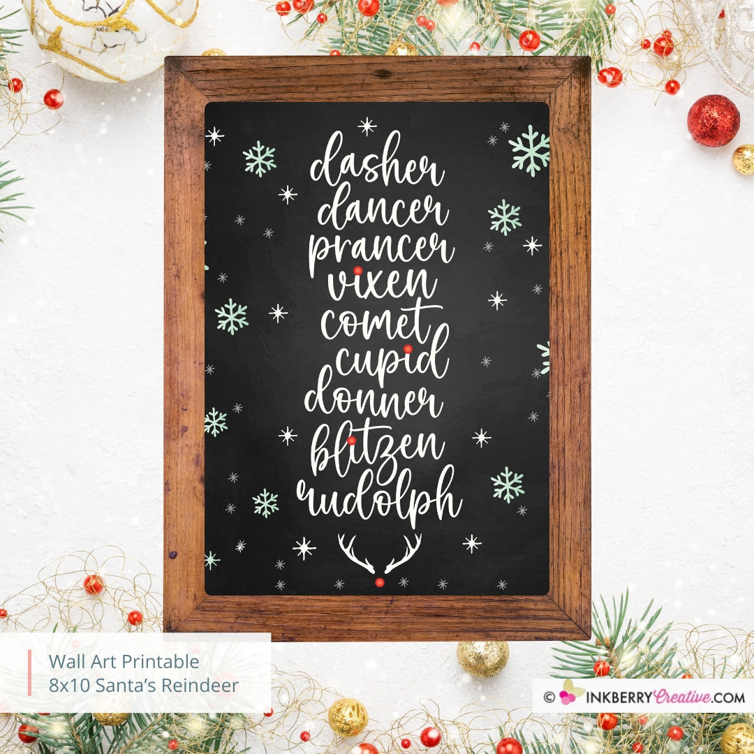 Santa's Reindeer Names Christmas 8x10 Sign (Chalkboard), JPEG, Instant Download, Digital File