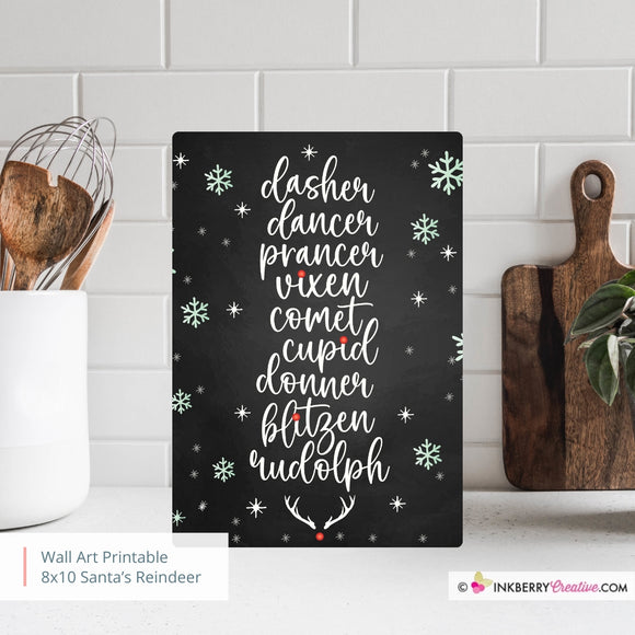 Santa's Reindeer Names Christmas 8x10 Sign (Chalkboard), JPEG, Instant Download, Digital File