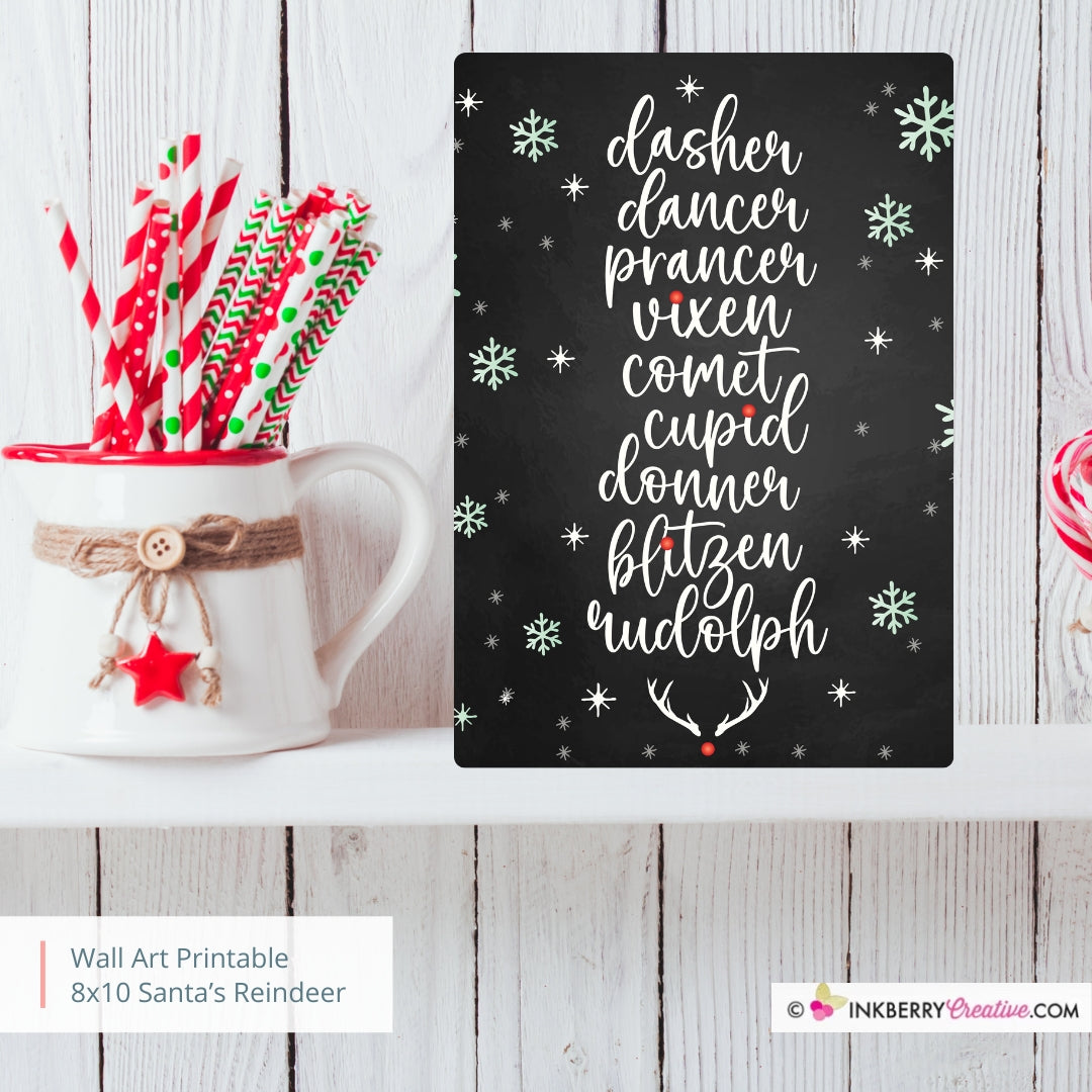 Santa's Reindeer Names Christmas 8x10 Sign (Chalkboard), JPEG, Instant Download, Digital File
