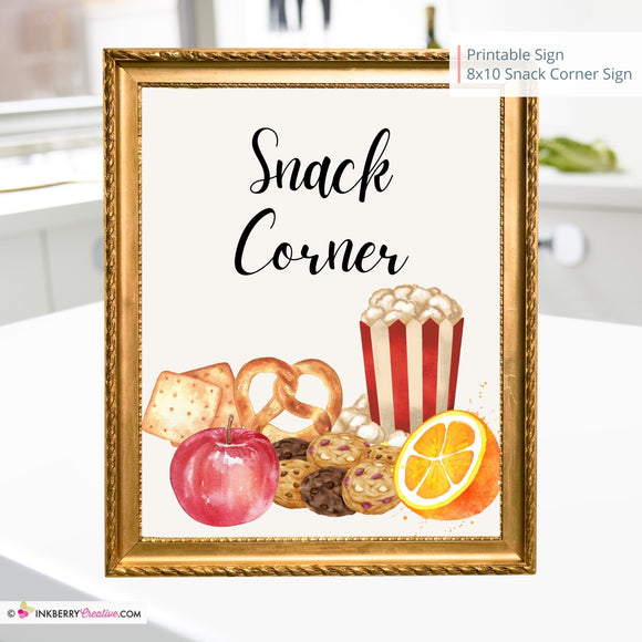 Snack Corner Printable Sign, Wedding Sign, Bridal Baby Shower Birthday Party Snack Corner Sign 8x10, PDF, Instant Download, Digital File