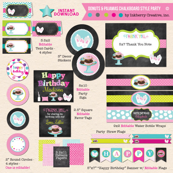 Donuts and Pajamas Chalkboard Style Birthday with Bunny Slippers - DIY Printable Party Pack - inkberrycards