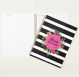 Black and White Striped Floral Planner