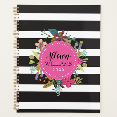 Black and White Striped Floral Planner