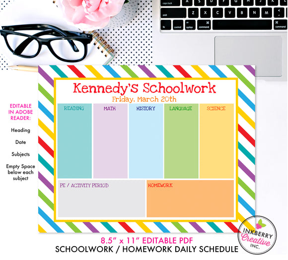 Printable Kids Weekly Schoolwork Planner and To Do List - Instant Download, Editable PDF, Printable Daily Weekly Planner for Kids - Homework, School, Chores