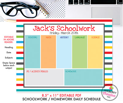 Printable Kids Weekly Schoolwork Planner and To Do List - Instant Download, Editable PDF, Printable Daily Weekly Planner for Kids - Homework, School, Chores