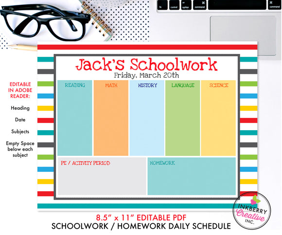 Printable Kids Weekly Schoolwork Planner and To Do List - Instant Download, Editable PDF, Printable Daily Weekly Planner for Kids - Homework, School, Chores