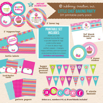 Little Chef's Cupcake Baking Party - DIY Printable Party Pack - inkberrycards