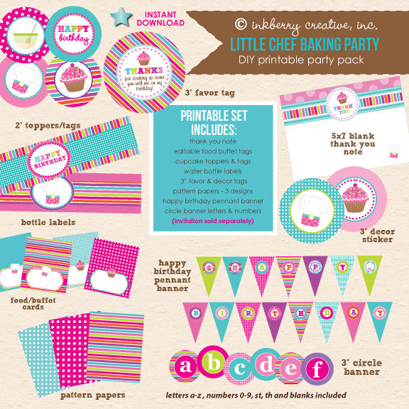 Little Chef's Cupcake Baking Party - DIY Printable Party Pack - inkberrycards