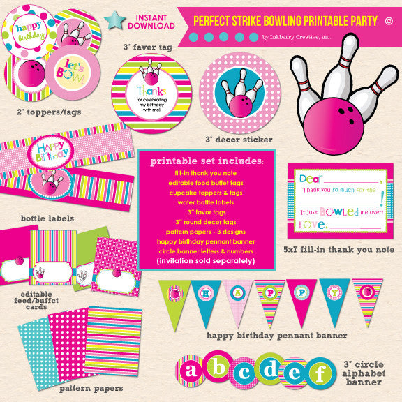Perfect Strike Girl's Bowling Birthday Party - DIY Printable Party Pack - inkberrycards