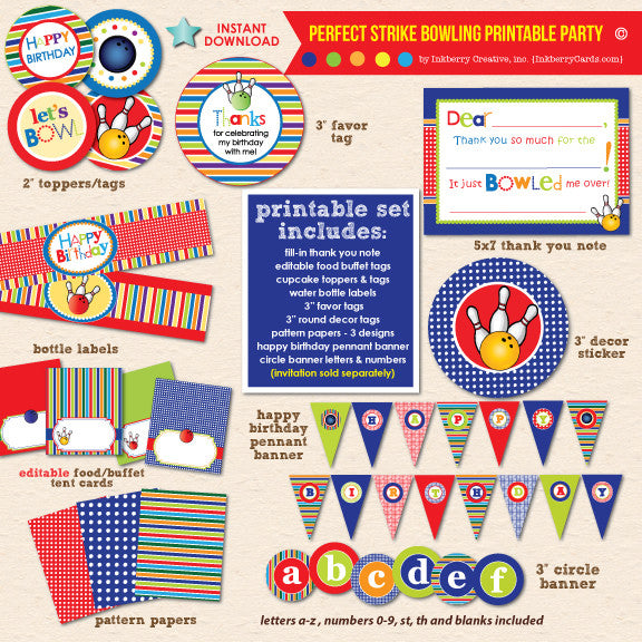 Perfect Strike Bowling Birthday Party - DIY Printable Party Pack - inkberrycards