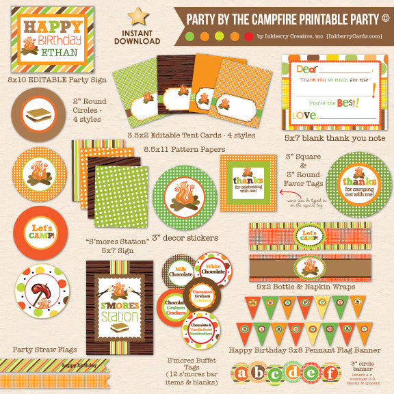 Party by the Campfire - Camping Birthday - DIY Printable Party Pack - inkberrycards