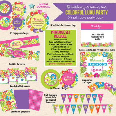 Colorful Luau Birthday Party - DIY Printable Party Pack - inkberrycards