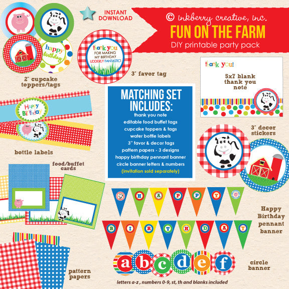 Fun on the Farm (Primary Colors) Barnyard Birthday - DIY Printable Party Pack - inkberrycards