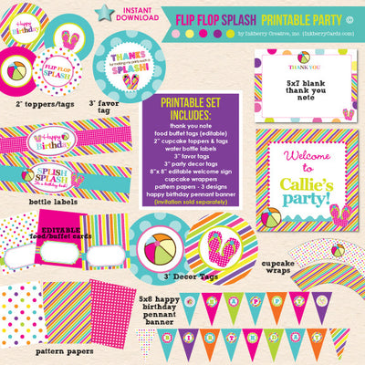 Flip Flop Splash Party Birthday - DIY Printable Party Pack - inkberrycards