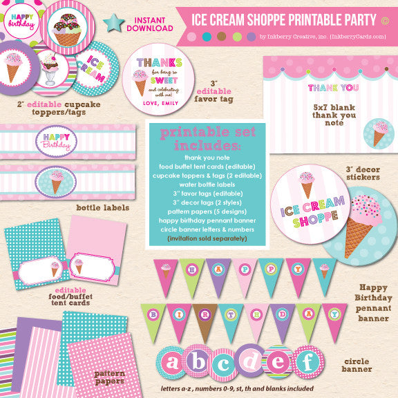 Ice Cream Shoppe Birthday - DIY Printable Party Pack - inkberrycards