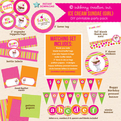 Ice Cream Sundae (Pink & Orange) Birthday - DIY Printable Party Pack - inkberrycards