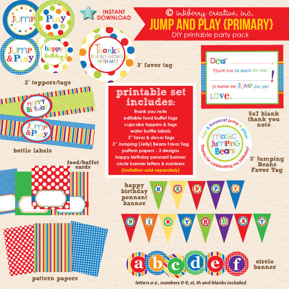 Jump & Play (Primary Colors) Bouncing Party - DIY Printable Party Pack - inkberrycards