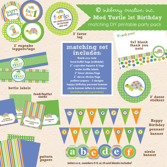 Trendy Turtle Boy First Birthday Shell-a-bration - DIY Printable Party Pack - inkberrycards