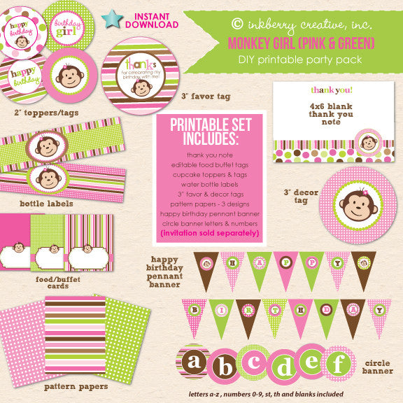 Monkey Girl Birthday (Pink & Green) - DIY Printable Party Pack - inkberrycards
