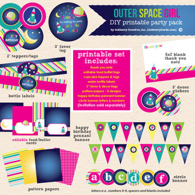 Girl's Out of this World Space Theme Birthday Party - DIY Printable Party Pack - inkberrycards