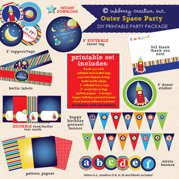 Out of this World Space Theme Birthday Party - DIY Printable Party Pack - inkberrycards