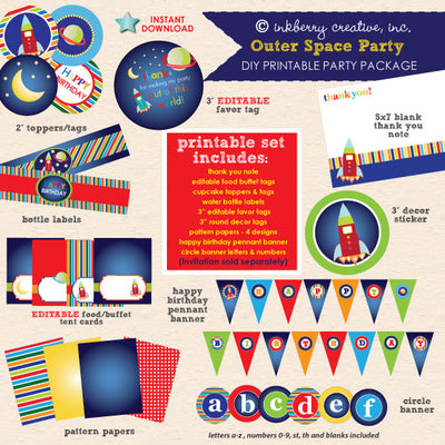 Out of this World Space Theme Birthday Party - DIY Printable Party Pack - inkberrycards