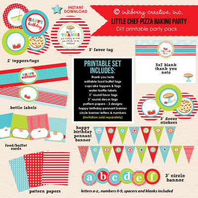 Little Chef's Pizzeria - Pizza Baking Party - DIY Printable Party Pack - inkberrycards