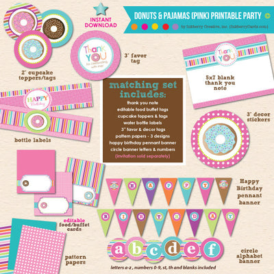 Donuts & Pajamas Birthday - DIY Printable Party Pack - inkberrycards