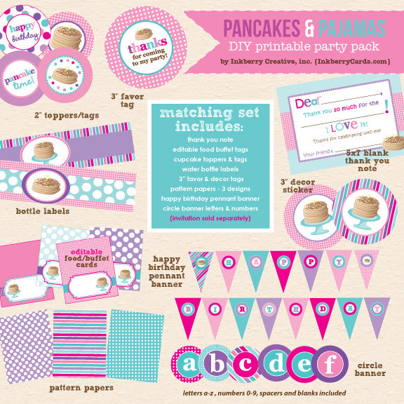 Pancakes & Pajamas Birthday (Pink, Purple & Aqua) - DIY Printable Party Pack - inkberrycards