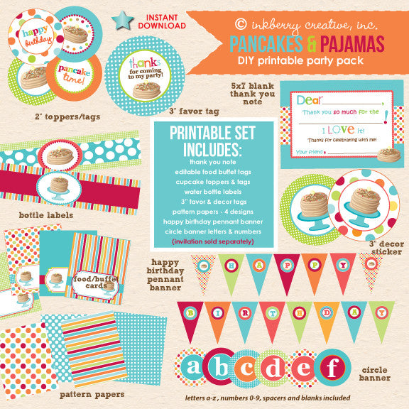 Pancakes & Pajamas Birthday (Original Colors) - DIY Printable Party Pack - inkberrycards