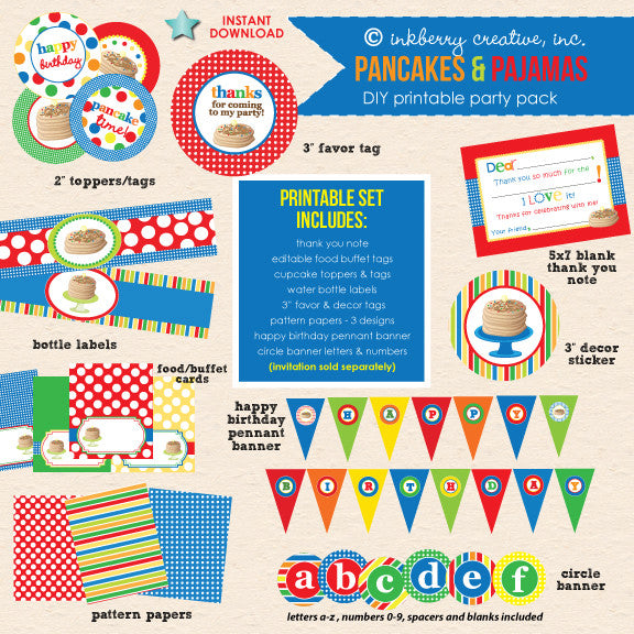 Pancakes & Pajamas Birthday (Primary Colors) - DIY Printable Party Pack - inkberrycards