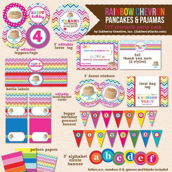 Rainbow Pancakes & Pajamas Birthday - DIY Printable Party Pack - inkberrycards