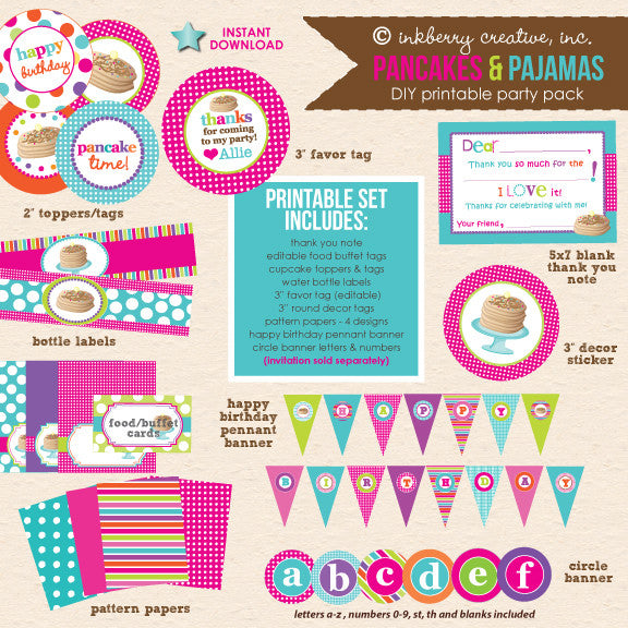 Pancakes & Pajamas Birthday (Hot Pink, Lime & Aqua) - DIY Printable Party Pack - inkberrycards