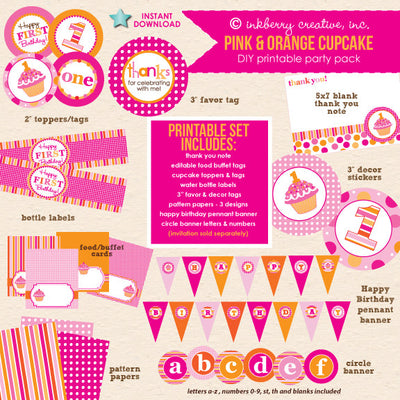 Cupcake Cutie Pie (Pink & Orange) 1st Birthday - DIY Printable Party Pack - inkberrycards