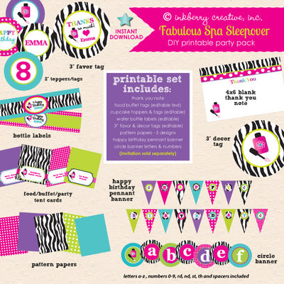 Fabulous Spa Sleepover Birthday - DIY Printable Party Pack - inkberrycards