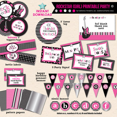 Little Rockstar Girl's Birthday - DIY Printable Party Pack - inkberrycards