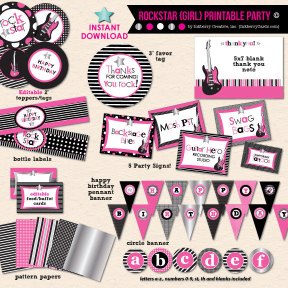 Little Rockstar Girl's Birthday - DIY Printable Party Pack - inkberrycards