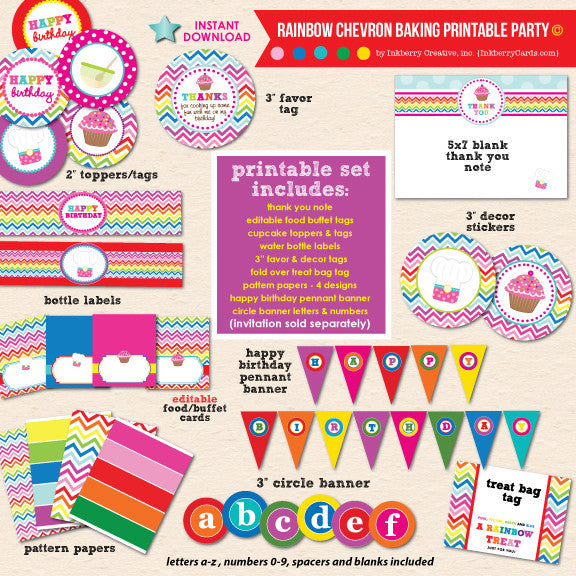 Colorful Rainbow Baking Birthday - DIY Printable Party Pack - inkberrycards