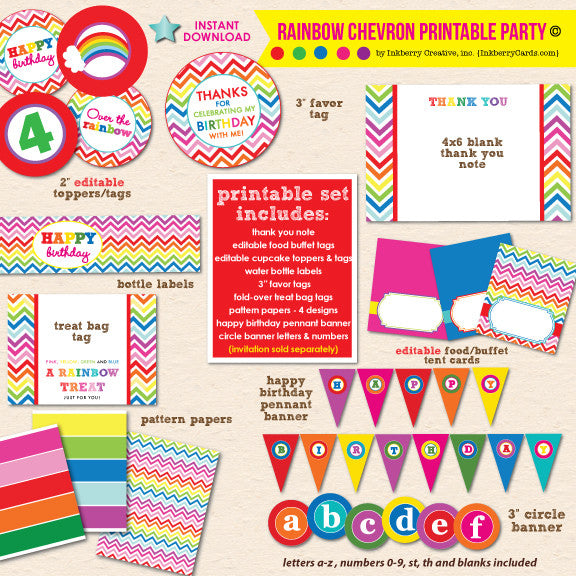 Rainbow Chevron Birthday - DIY Printable Party Pack - inkberrycards