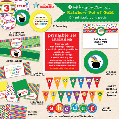 Rainbow Pot of Gold Birthday - DIY Printable Party Pack - inkberrycards