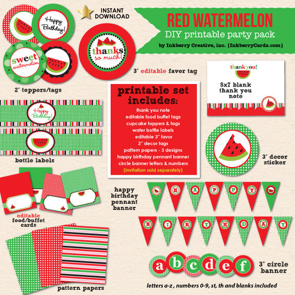 Sweet Watermelon (Red) Party Birthday - DIY Printable Party Pack - inkberrycards