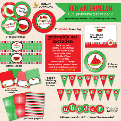 Sweet Watermelon (Red) Party Birthday - DIY Printable Party Pack - inkberrycards