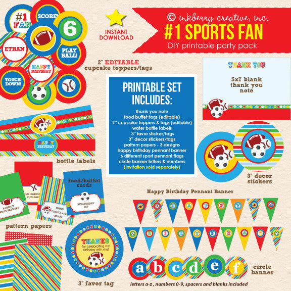 Sports Fan Birthday Party - DIY Printable Party Pack - inkberrycards