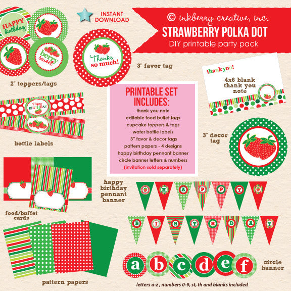 Strawberry Polka Dot Birthday Party - DIY Printable Party Pack - inkberrycards