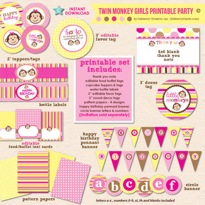 Twin Monkey Girls Birthday (Pink & Yellow) - DIY Printable Party Pack - inkberrycards
