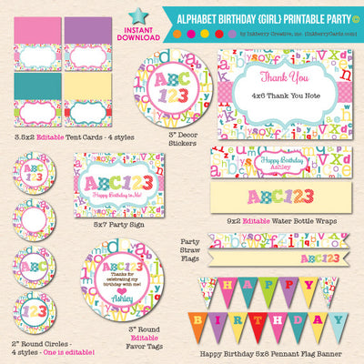 ABC123 Girl's Alphabet Birthday - DIY Printable Party Pack - inkberrycards